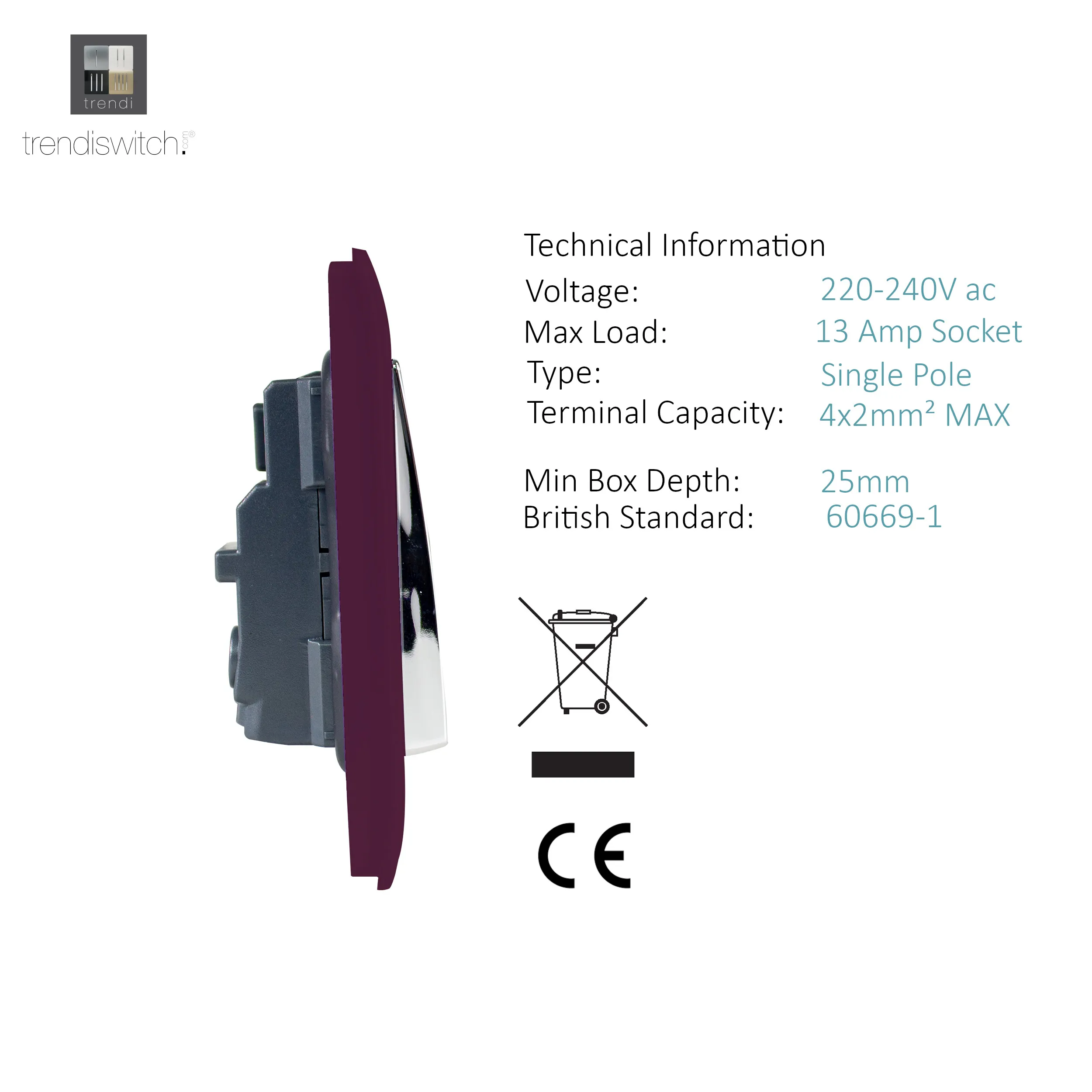 2 Gang 13Amp Long Switched Double Socket Plum ART-SKT213LPL  Trendi Plum